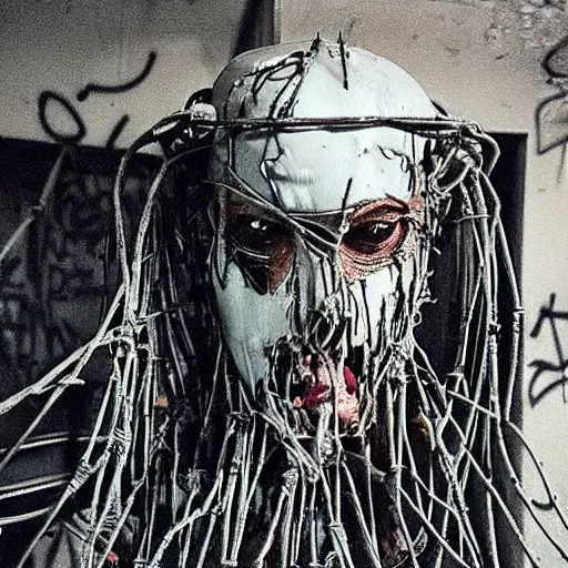 Image similar to “ugly filthy gross fleshy raw meat insectoid cybernetic mummy knight wrapped in barbed wire standing in a filthy dirty small server room covered with graffiti, garbage and networking cables. David Cronenberg. Body horror style. 35mm.”