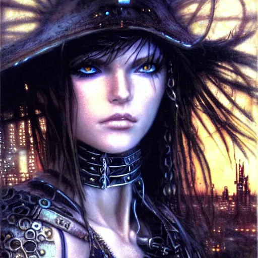 Image similar to an award finning closeup portrait by clyde caldwell and luis royo of a very beautiful and attractive female bohemian cyberpunk traveller aged 2 1 in excessively fashionable cyberpunk gear