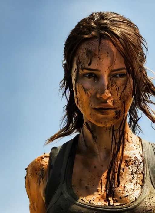 Image similar to a film still of lara croft as cop, her clothes little damaged because explosion, her face muddy and sweat, direct sun light, close up potrait, cinematic,