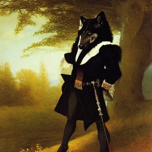 Prompt: A painting of an anthropomorphic wolf wearing a black doublet by Robert Cleminson and Albert Bierstadt