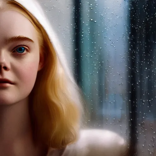 Prompt: Elle Fanning at a diner, head and shoulders portrait, stormy weather, extremely detailed masterpiece, Roger Deakin’s cinematography, oil on canvas, Johannes Vormeer,