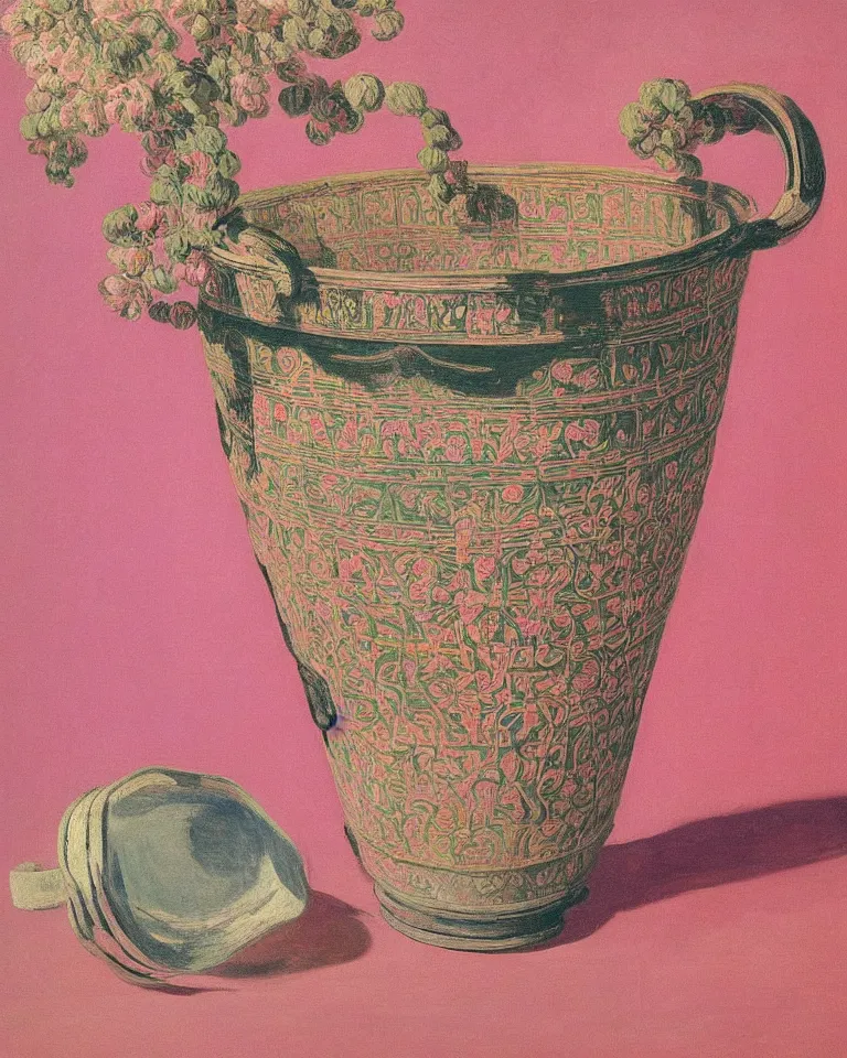 Image similar to achingly beautiful print of intricately painted ancient greek krater on a pink background by rene magritte, monet, and turner.