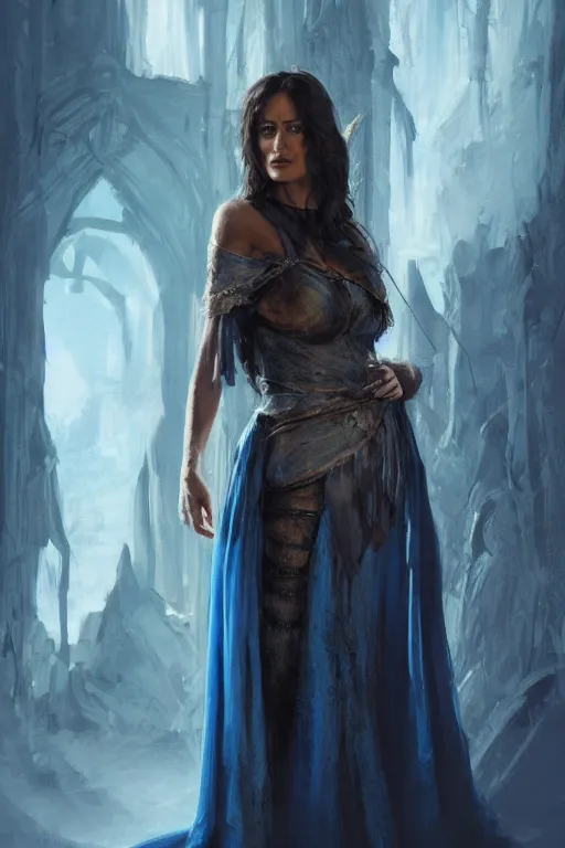 Prompt: portrait, Salma Hayek , sorceress, dressed in tattered blue dress and cloak , face portrait, raphael lacoste, eddie mendoza, alex ross, concept art, matte painting, highly detailed, rule of thirds, dynamic lighting, cinematic, detailed, denoised, centred