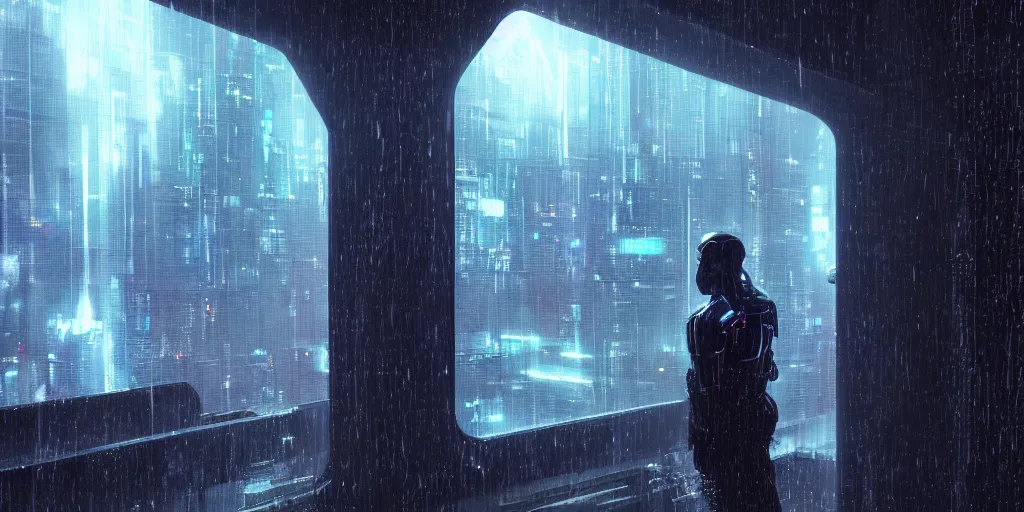 Prompt: one cyber person of cosmic nebula galaxy watching a rainy cyberpunk futuristic city from behind at night through a window, 4 k, photorealistic, wet, highly detailed, cinematic moody by ridley scott, trending on artstation, glowing and epic