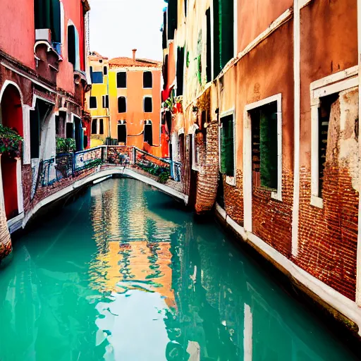 Prompt: Within a pathway in the Venice Italy Canals, beautiful raking sunlight, apartments with colorful balconies, flowers, laundry hanging, bridges, gondolas,