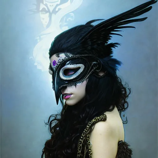 Image similar to portrait of a young woman in a raven masquerade mask, dark, piercing eyes, exotic expression, esoteric clothing, photorealistic, highly detailed, mysterious lighting, artstation, smooth, sharp focus, art by michael whelan, artgerm, greg rutkowski and alphonse mucha