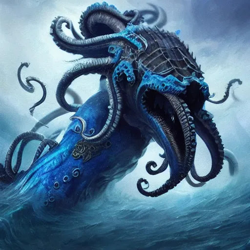 Image similar to A blue Kraken in the sea, highly detailed, fantasy art, female art, in the style of greg rutkowski, illustration, epic, fantasy, intricate, hyper detailed, artstation, concept art, smooth, sharp focus, ray tracing