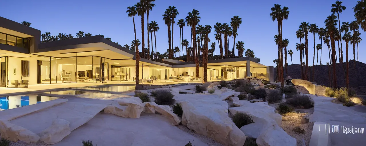 Prompt: hillside cantilevered desert pavilion on moonless night, stars, dramatic view, palm springs, white stone, serene, glass, stone, large overhangs, beautiful vistas with cacti, long illuminated pool with hot tub, rooftop deck, minimal kitchen, nesting glass doors, realistic, architectural photography,