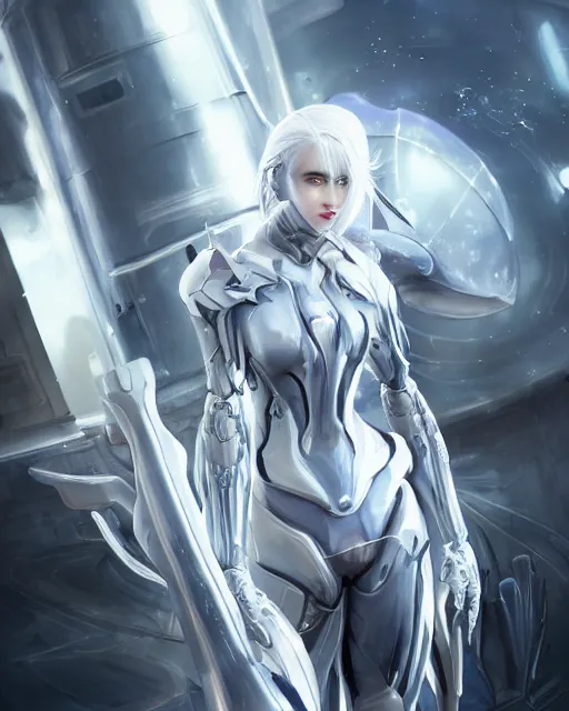 Prompt: perfect white haired girl, warframe armor, beautiful, dreamy, pretty face, blue cyborg eyes, portrait, detailed, bright light, scifi, elegant, utopian architecture in the background, laboratory, 4 k, ultra realistic, aura of light, cinematic, highly detailed, intricate, masterpiece, art by akihito tsukushi, akasuki brightmind