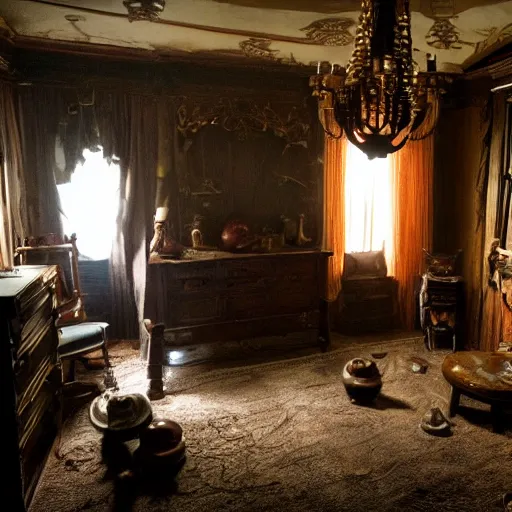 Image similar to room of a dark mansion, objects from ritual in the ground, realistic, highly detailed, guillermo del toro