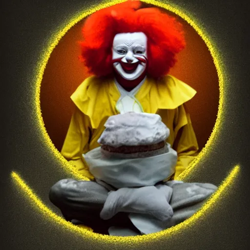 Prompt: photograph of ronald mcdonald as an enlightened being, colorized, damaged