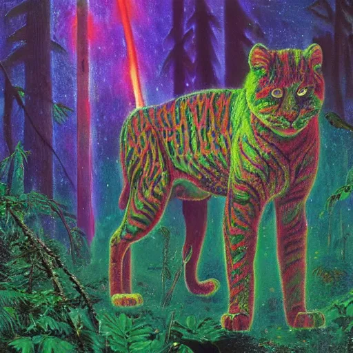 Image similar to psychedelic big cats lush pine forest, horror, scary, dark, outer space, milky way, designed by arnold bocklin, jules bastien - lepage, tarsila do amaral, wayne barlowe and gustave baumann, cheval michael, trending on artstation, star, sharp focus, colorful refracted sparkles and lines, soft light, 8 k 4 k