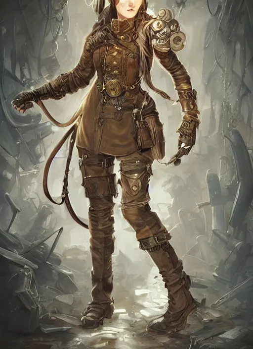 Prompt: character concept art for a steampunk fantasy rpg, full body shot, woman in trench coat, goggles on forehead, ponytail, fantasy painterly style, intricate details, artwork by ross tran, artgerm
