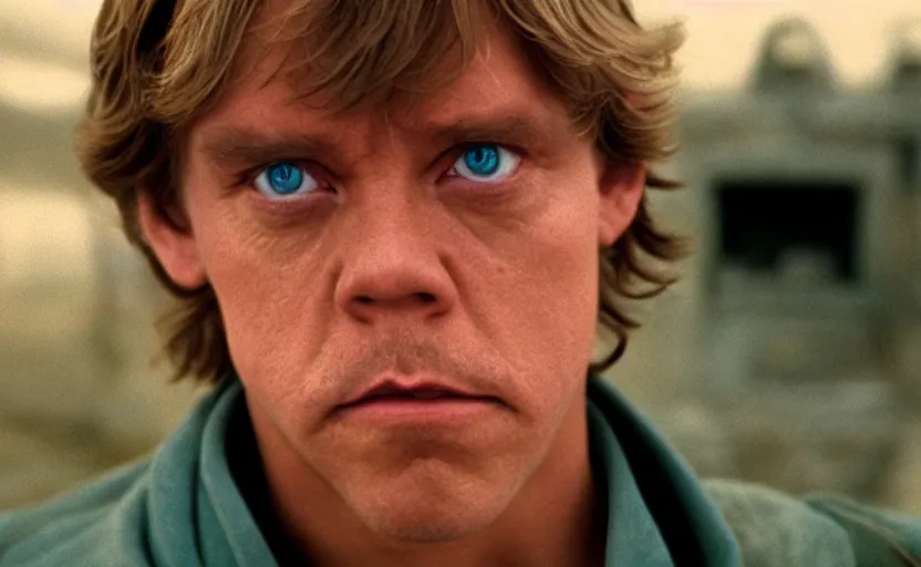 Image similar to screenshot portrait of Luke Skywalker, played by mark Hammill, in a teal, round Temple scene from 1980s film by Stanley Kubrick, 4k serene, iconic shot, surreal sci fi set design, photoreal detailed face, moody lighting stunning cinematography, hyper detailed, sharp, anamorphic lenses, kodak color film