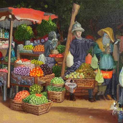 Prompt: outdoor market for bunnies, rennesaince painting hd