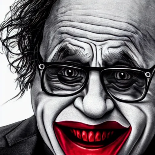 Image similar to Danny Devito as the joker movie still, hyper realistic