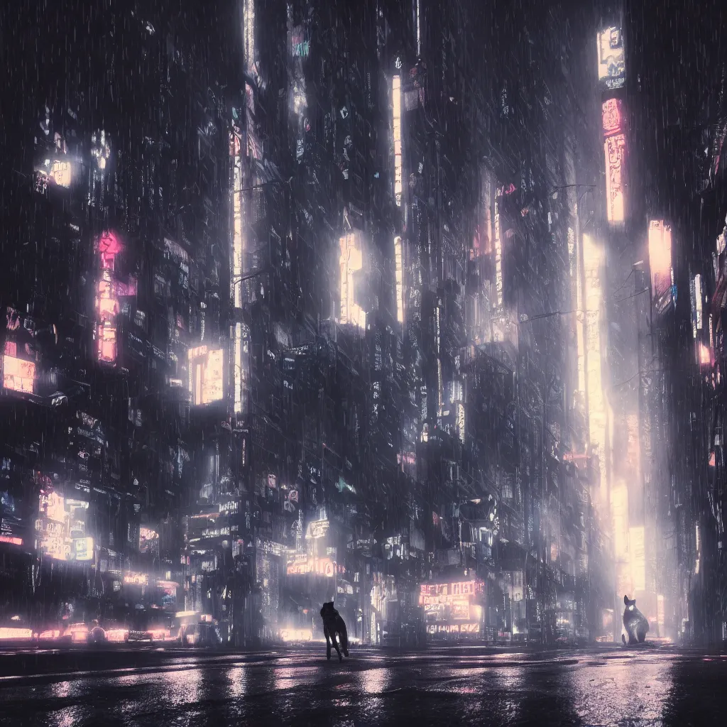 Image similar to dark city street in the rain, black cat standing in street, neon lights, cyberpunk, year 2 0 9 9, blade runner, octane render, 4 k