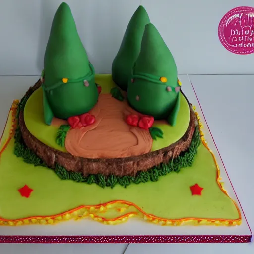 Prompt: a sheet cake in the shape of a garden gnome, birthday cake, decorated cake, candles