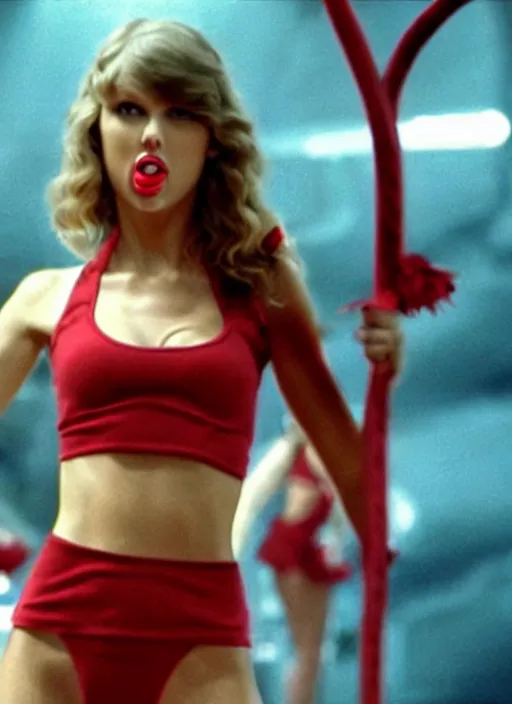 Image similar to film still of taylor swift wearing a cheerleader outfit being swallowed by a snake, in the movie star wars. goo, saliva, sweat, oily substances.