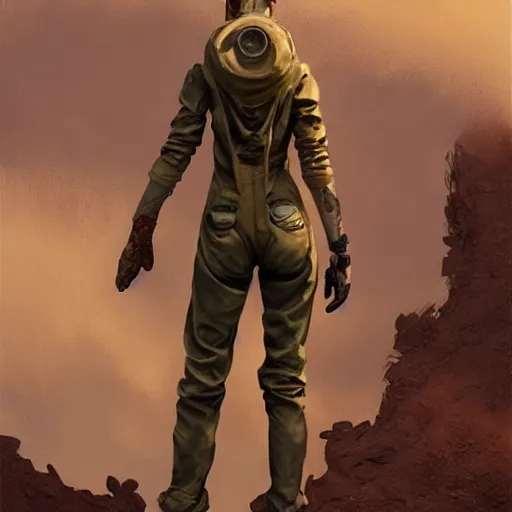 Image similar to tattooed dirty stoic butch heroic emotionless blonde woman engineer in tattered dirty coveralls, very short messy hair, victorian goggles, back pose, crossing primitive hostile alien desert, clouds of red dust, highly detailed, digital painting, artstation, concept art, matte, sharp focus, illustration, art by moebius and artgerm and greg rutkowski