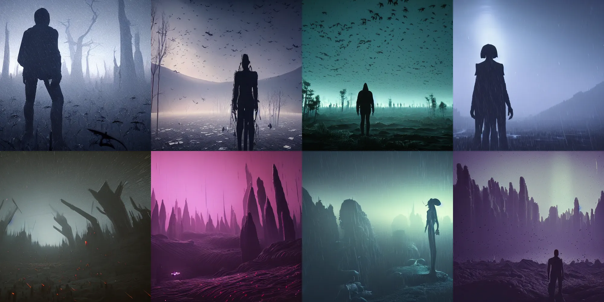 Prompt: beautiful dark landscape, vampire surrounded by millions of bats, in the style of beeple and Mike Winkelmann, photo real, ultra realistic, intricate, epic lighting, 8k resolution, unreal engine 5,