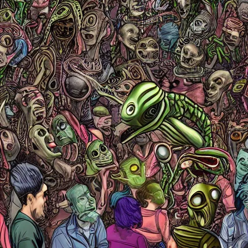 Prompt: shapeshifting alien in a crowded room, highly detailed, real photo,