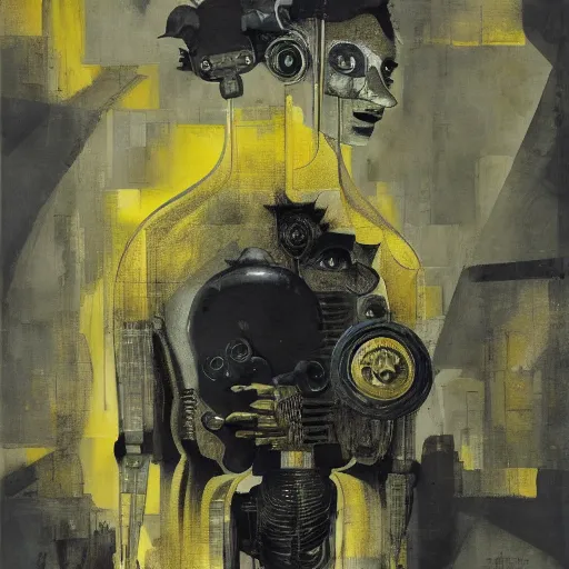 Image similar to a robot kerberos in yellow noir without memory nor feelings, althoughbhe believes he is a god, oil on canvas by dave mckean and james jean