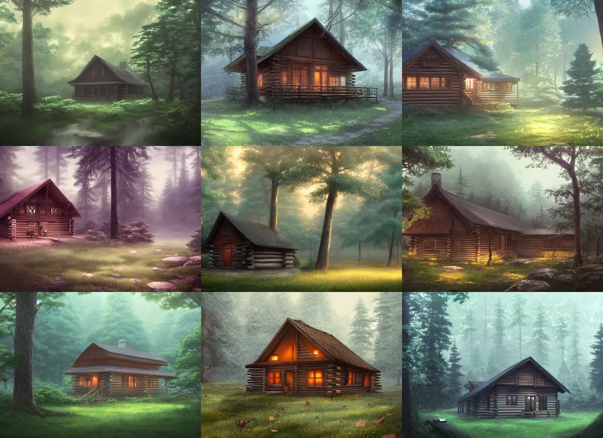 Prompt: a serene old log cabin in a tranquil misty forest, anime, lush trees, a fantasy digital painting by makoto shinkai, trending on artstation, highly detailed