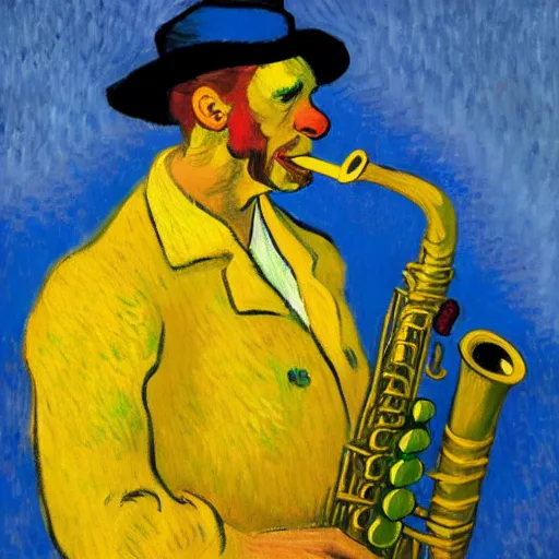 Prompt: man sitting in a yellow costume with a yellow hat holding a saxophone, smoking a cigarette, blue skin, blue smoke, dark background, realistic painting, artwork, meditative, impressionistic, van gogh, monet