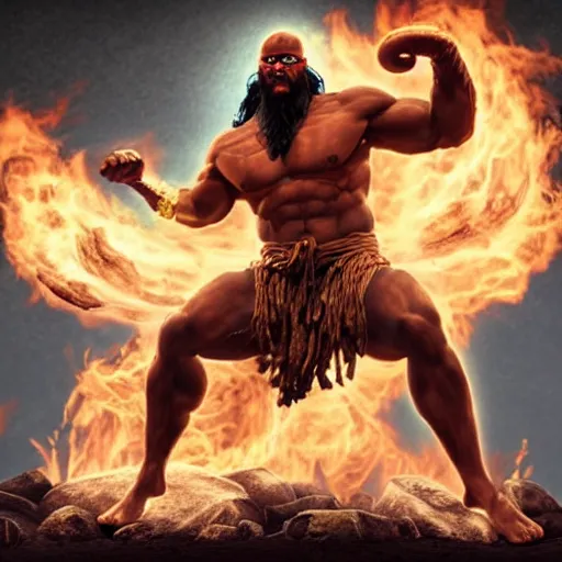 Image similar to jason momoa as dhalsim street fighter, sitting and floating in mid air, surrounded by fire, ultra realistic, concept art, intricate details, highly detailed, photorealistic, octane render, 8 k, unreal engine, art by frank frazetta, simon bisley, brom