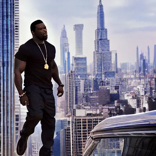 Prompt: blurry film still of 50 cent as hancock (2008), photorealistic, 4k, 8k, flying through the city scene