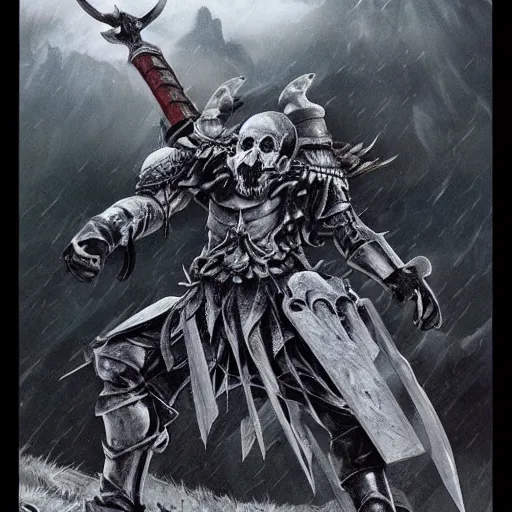 Image similar to the legend of the fallen Giant Knight still lives today, in-between the stormy mountains his giant skull still lies, impaled on his own giant silver sword