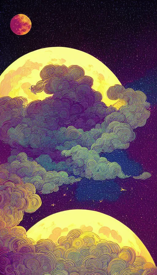 Prompt: luminous harvest moon floating on cosmic starlit cloudscape, futurism, dan mumford, victo ngai, da vinci, josan gonzalez