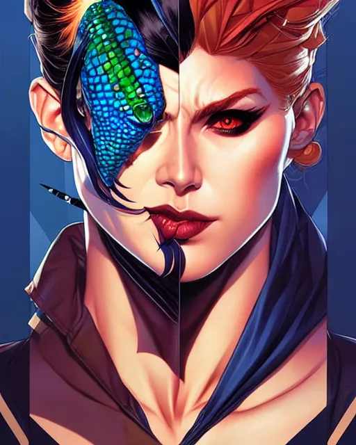 Prompt: artgerm, joshua middleton and sandra chevrier comic cover art, headshot male lizard person, symmetrical eyes, scales, beautiful, rim lighting, vivid colors