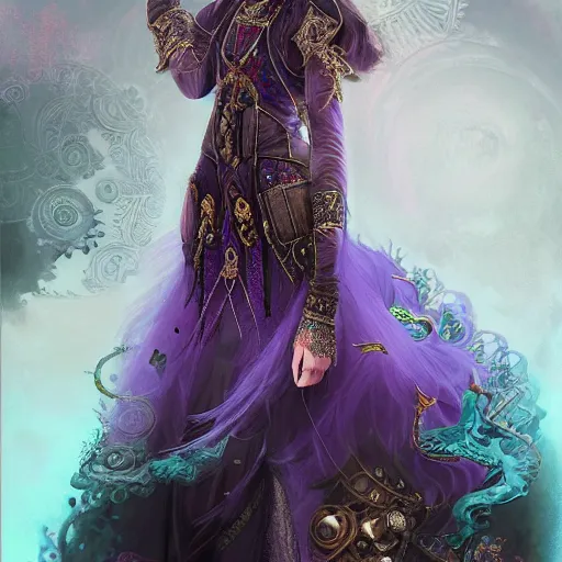 Image similar to photorealistic soft paint of absurdities and curiosities, very beautiful asian princess full long dress, ultra deep fog, purple black lustrous thin haircut, partial symmetry accurate features, focus, very intricate ultrafine details, award winning masterpiece, steampunk world, ross tran
