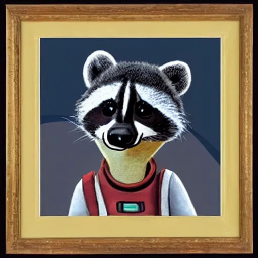 Image similar to painting of an anthropomorphic furry cute baby raccoon astronaut by disney, pixar