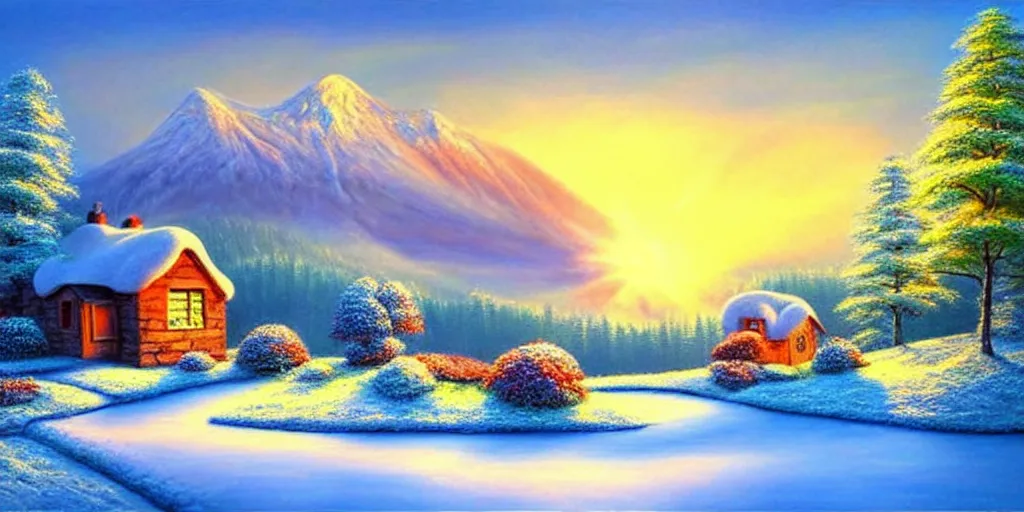 Prompt: a beautiful fantasy landscape, snowy mountain in background, little cottage, small pond, some trees in the corner, sunrise. hyper realism