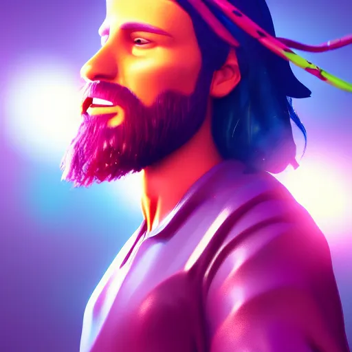 Prompt: candypunk jesus, character design, high quality digital art, render, octane, redshift, volumetric lighting, oled