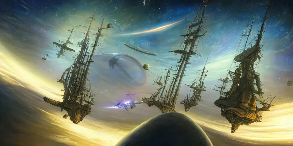 Image similar to Photorealistic epic science fiction painting of one solitary flying tall ship in space, flying past galaxies, by Rodney Matthews and Roger Dean. photorealism, UHD, amazing depth, glowing, golden ratio, 3D octane cycle unreal engine 5, volumetric lighting, cinematic lighting, cgstation artstation concept art