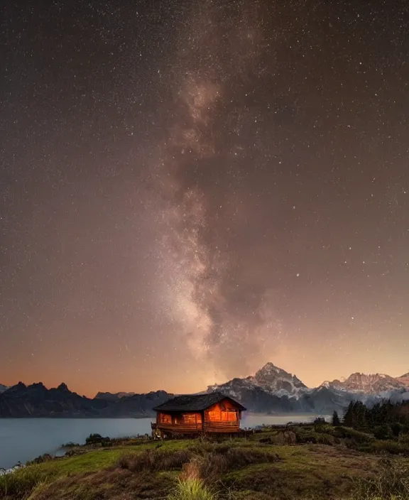 Image similar to amazing landscape photo of mountains with lakehouse at dusk by marc adamus, beautiful dramatic lighting, celestial nightsky stars