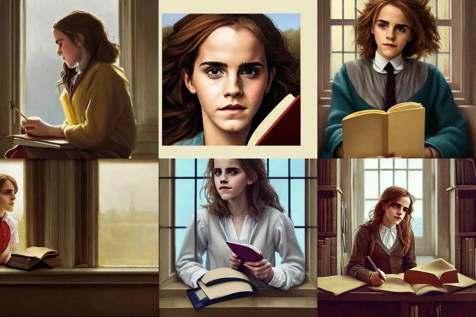 Prompt: portrait of Emma Watson as Hermione Granger sitting in a classroom next to a window reading a book, golden art by Kenne Gregoire, trending on artstation