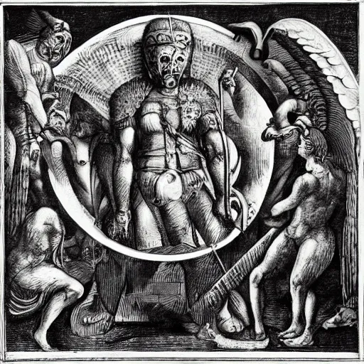 Prompt: renaissance engraving etching depicting an obscure pantheon of demons