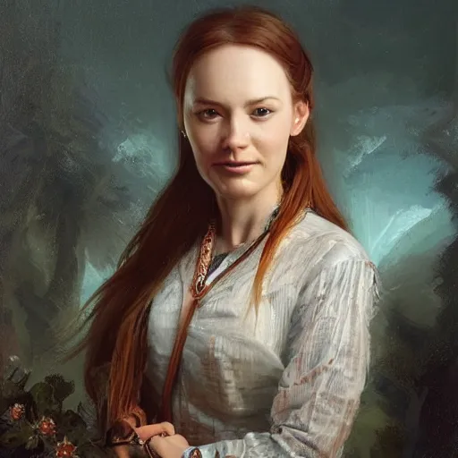 Image similar to portrait of a norwegian woman ( 3 5 ) from norway in 2 0 2 1, an oil painting by ross tran and thomas kincade