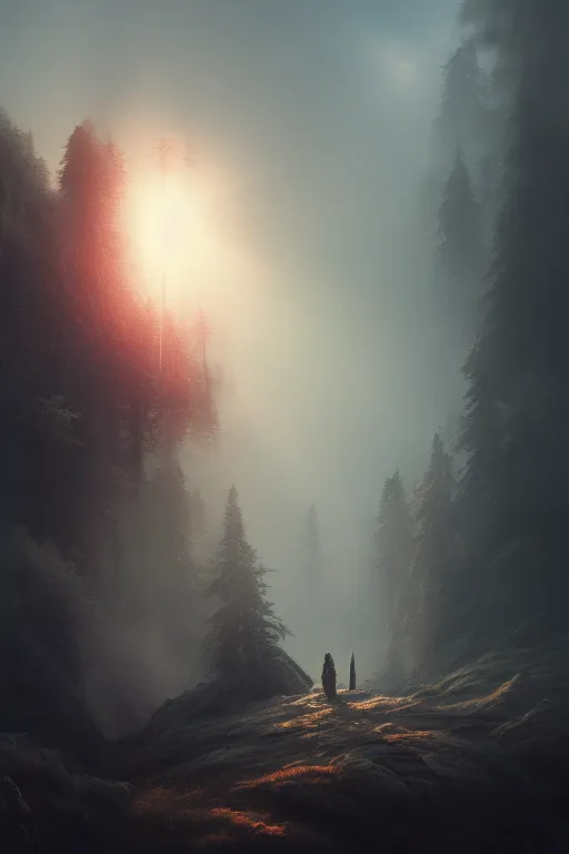 Prompt: Establishing shot, dramatic volumetric sunlight foggy atmospheric forest canopy scenery, girl clad in modest hide leather armor, hyperdetailed, artstation, cgsociety, 8k