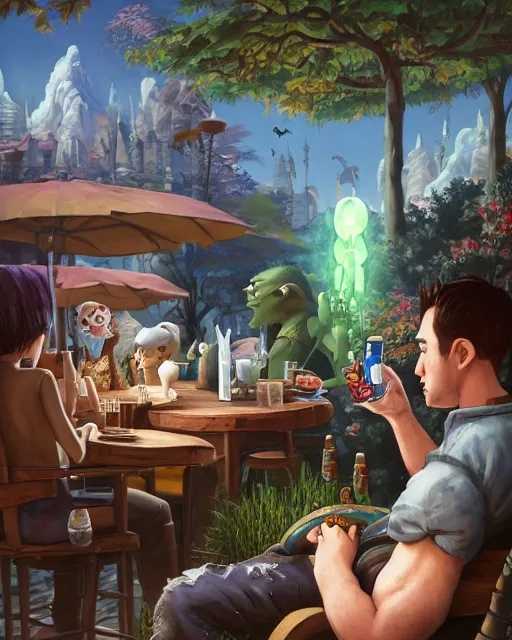 Prompt: an epic fantasy comic book style portrait painting of a man, sitting outside at a crowded restaurant with a beer in hand, he is playing on a computer, character design by mark ryden and pixar and hayao miyazaki, unreal 5, daz, hyperrealistic, octane render, cosplay, rpg portrait, dynamic lighting, intricate detail, summer vibrancy, cinematic,