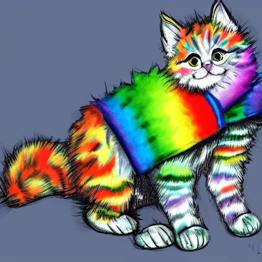 Prompt: wide angle full body, of a fluffy cute rainbow kitten wearing a black motorcycle jacket, concept art