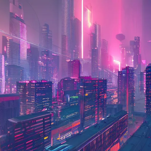 Image similar to Neon cyberpunk cityscape of Toronto Canada including CN tower with flying cars and advertisement screens, Blender 3D, Unreal Engine, 8k, by Jordan Grimmer and Andrea Pozzo