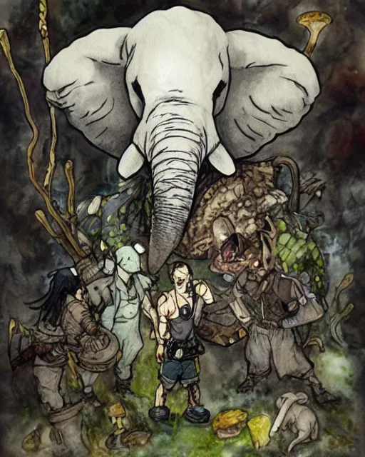 Prompt: Loxodon Druid covered in mushrooms, drawn by Yoji Shinkawa, water color, Dungeons and Dragons, Wizards of the Coast, full shot