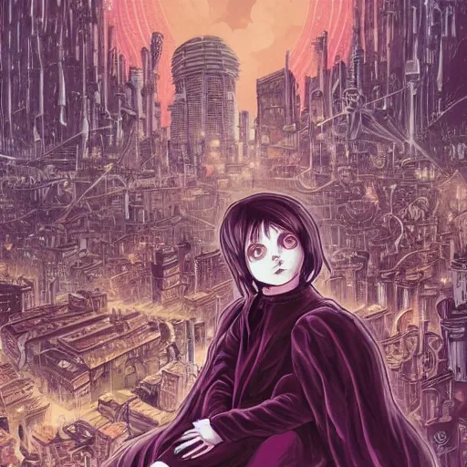 Image similar to young sad victorian gothic manga child with big eyes and wide grin sitting on a sofa of bones surrounded by a cyber futuristic cityscape made of human body parts, digital matte illustration by dan mumford, ultra detailed, 8 k resolution, beautiful lighting, expansive detailed layered city, landscape