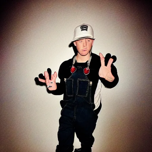 Image similar to eminem wearing mickey mouse overalls and boots